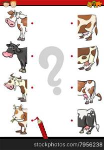 Cartoon Illustration of Education Matching Elements Halves Game for Preschool Children with Cow Animal Characters