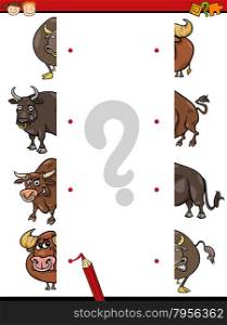 Cartoon Illustration of Education Matching Halves Game for Preschool Children with Bull Animal Characters