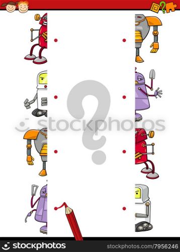 Cartoon Illustration of Education Matching Halves Game for Preschool Children with Funny Robots Characters
