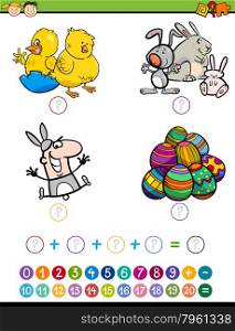 Cartoon Illustration of Education Mathematical Addition Game for Preschool Children with Easter Characters