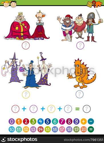 Cartoon Illustration of Education Mathematical Addition Game for Preschool Children with Fantasy Characters