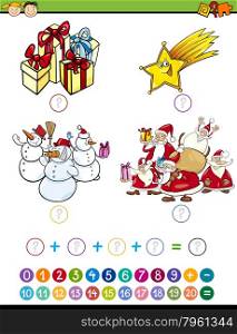Cartoon Illustration of Education Mathematical Addition Task for Preschool Children with Christmas Characters