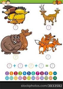 Cartoon Illustration of Education Mathematical Addition Task for Preschool Children with Forest Animals