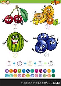 Cartoon Illustration of Education Mathematical Addition Task for Preschool Children with Funny Fruits
