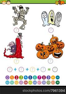 Cartoon Illustration of Education Mathematical Addition Task for Preschool Children with Halloween Characters