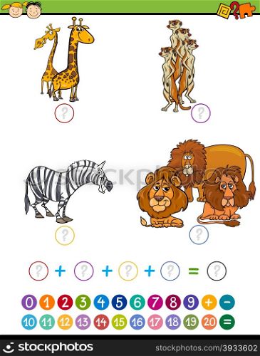 Cartoon Illustration of Education Mathematical Addition Task for Preschool Children with Safari Animals