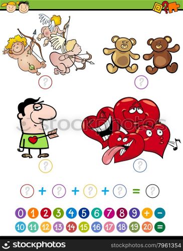 Cartoon Illustration of Education Mathematical Addition Task for Preschool Children with Valentines Day Characters