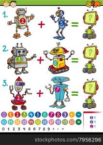 Cartoon Illustration of Education Mathematical Game for Preschool Children with Animals with Funny Robots