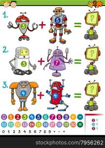 Cartoon Illustration of Education Mathematical Game for Preschool Children with Animals with Robots