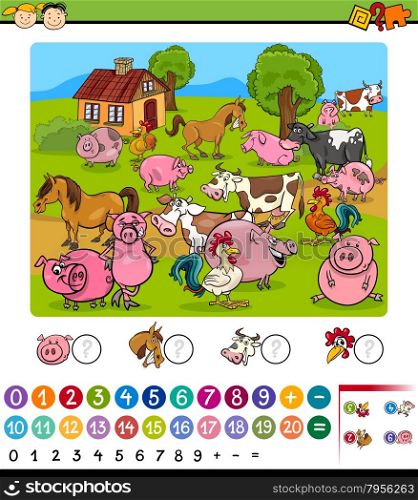 Cartoon Illustration of Education Mathematical Game for Preschool Children with Farm Animals