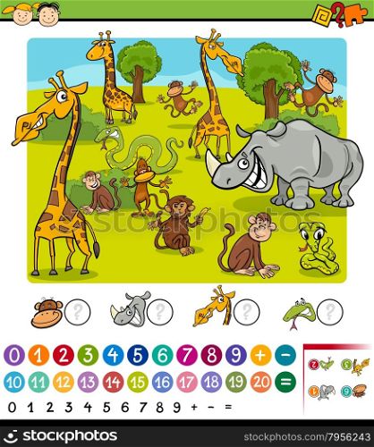 Cartoon Illustration of Education Mathematical Game for Preschool Children with Safari Animals