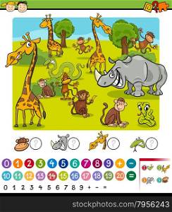 Cartoon Illustration of Education Mathematical Game for Preschool Children with Safari Animals