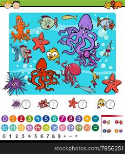 Cartoon Illustration of Education Mathematical Game for Preschool Children with Sea Life Animals