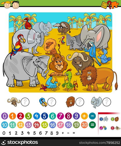 Cartoon Illustration of Education Mathematical Game of Counting Safari Animals for Preschool Children