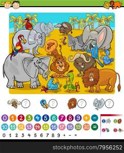 Cartoon Illustration of Education Mathematical Game of Counting Safari Animals for Preschool Children