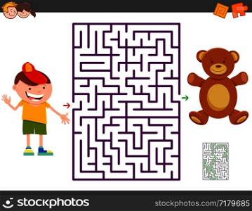 Cartoon Illustration of Education Maze Activity Game for Children with Boy and his Teddy Bear