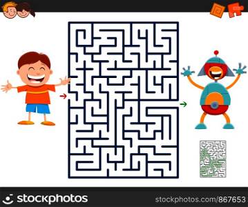 Cartoon Illustration of Education Maze Activity Game for Children with Little Boy and his Toy Robot
