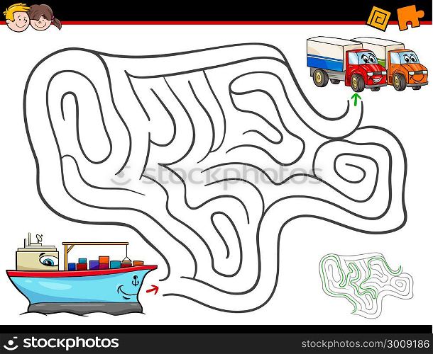Cartoon Illustration of Education Maze or Labyrinth Activity Game for Children with Container Ship and Trucks