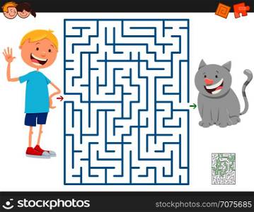 Cartoon Illustration of Education Maze or Labyrinth Activity Game for Children with Boy and his Cat