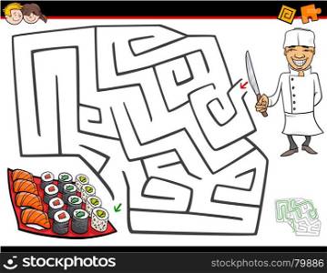 Cartoon Illustration of Education Maze or Labyrinth Activity Game for Children with Chef Character and Sushi