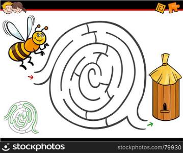 Cartoon Illustration of Education Maze or Labyrinth Activity Game for Children with Bee Insect Character and Hive