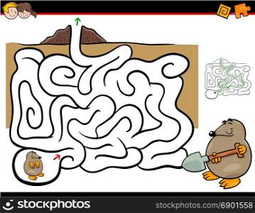 Cartoon Illustration of Education Maze or Labyrinth Activity Game for Children with Mole Animal Character