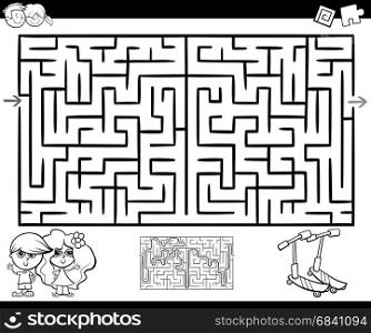 Cartoon Illustration of Education Maze or Labyrinth Game for Children with Kids and Scooters Coloring Page