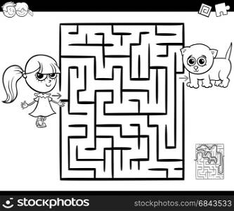 Cartoon Illustration of Education Maze or Labyrinth Game for Children with Little Girl and Kitten Coloring Page