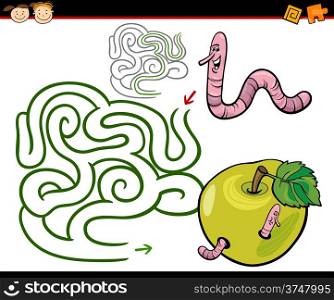 Cartoon Illustration of Education Maze or Labyrinth Game for Preschool Children with Funny Worm and Apple