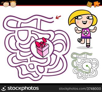 Cartoon Illustration of Education Maze or Labyrinth Game for Preschool Children with Cute Little Girl and Gift or Present