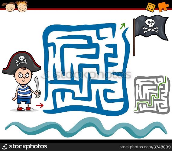 Cartoon Illustration of Education Maze or Labyrinth Game for Preschool Children with Cute Little Pirate Boy
