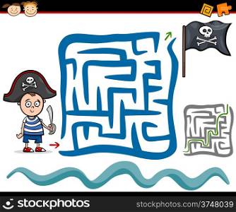 Cartoon Illustration of Education Maze or Labyrinth Game for Preschool Children with Cute Little Pirate Boy
