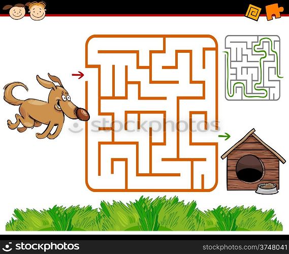 Cartoon Illustration of Education Maze or Labyrinth Game for Preschool Children with Funny Dog and Doghouse or Kennel