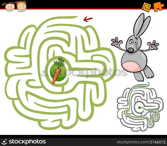 Cartoon Illustration of Education Maze or Labyrinth Game for Preschool Children with Cute Rabbit or Bunny and Carrot