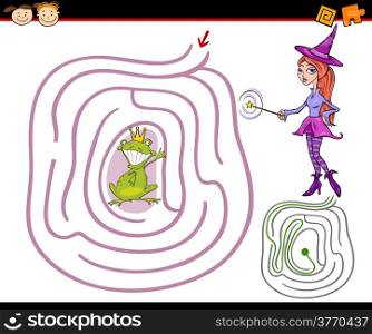 Cartoon Illustration of Education Maze or Labyrinth Game for Preschool Children with Witch or Fairy and Prince Turned into a Frog