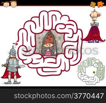 Cartoon Illustration of Education Maze or Labyrinth Game for Preschool Children with Knight and Princess or Lady