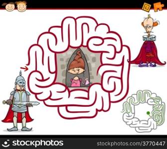 Cartoon Illustration of Education Maze or Labyrinth Game for Preschool Children with Knight and Princess or Lady