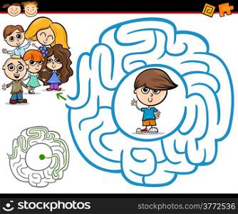 Cartoon Illustration of Education Maze or Labyrinth Game for Preschool Children with Little Boy and Kids Group