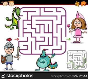 Cartoon Illustration of Education Maze or Labyrinth Game for Preschool Children with Little Boy Knight and Girl Princess