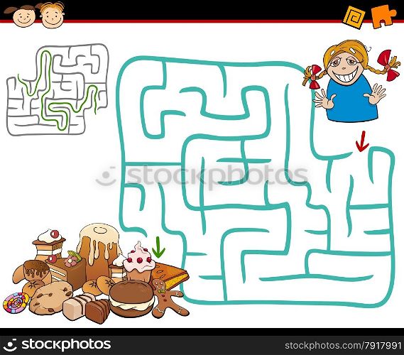 Cartoon Illustration of Education Maze or Labyrinth Game for Preschool Children with Cute Girl and Sweets