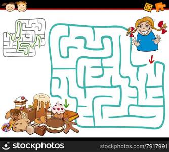 Cartoon Illustration of Education Maze or Labyrinth Game for Preschool Children with Cute Girl and Sweets