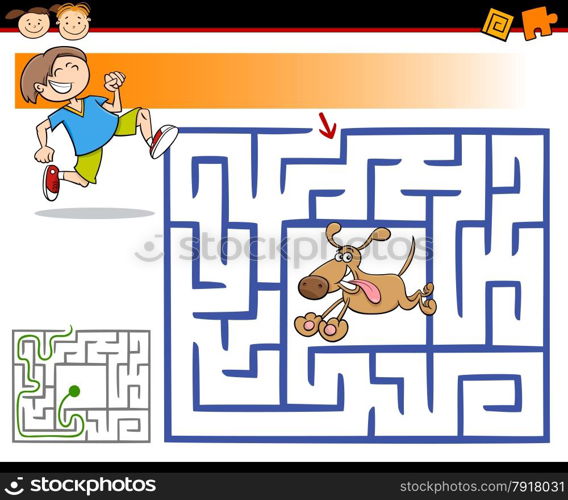 Cartoon Illustration of Education Maze or Labyrinth Game for Preschool Children with Cute Boy and Dog