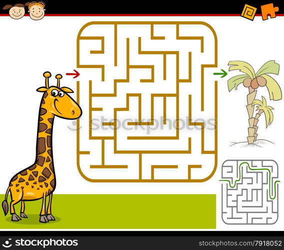 Cartoon Illustration of Education Maze or Labyrinth Game for Preschool Children with Funny Giraffe and Palm Tree