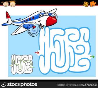 Cartoon Illustration of Education Maze or Labyrinth Game for Preschool Children with Funny Airplane