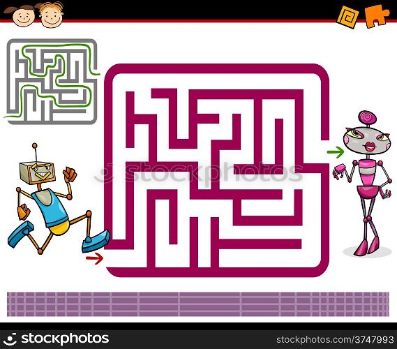 Cartoon Illustration of Education Maze or Labyrinth Game for Preschool Children with Funny Robots Characters