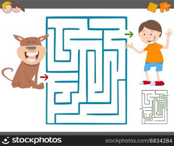 Cartoon Illustration of Education Maze or Labyrinth Leisure Activity with Kid Boy and his Dog