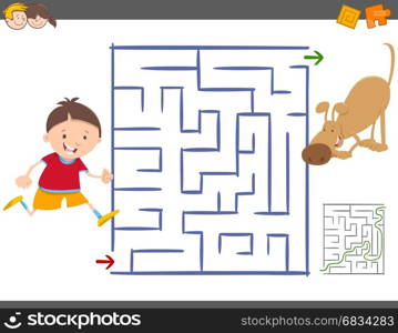 Cartoon Illustration of Education Maze or Labyrinth Leisure Activity with Little Boy and his Dog
