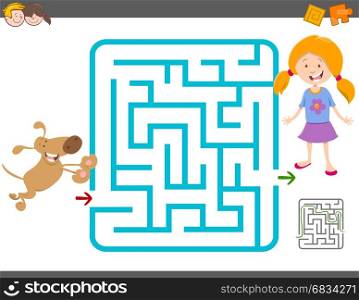Cartoon Illustration of Education Maze or Labyrinth Leisure Game with Girl and her Dog
