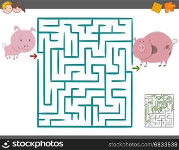 Cartoon Illustration of Education Maze or Labyrinth Leisure Game with Piglet and Pig