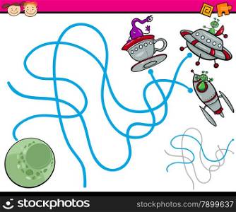 Cartoon Illustration of Education Path or Maze Game for Preschool Children with Aliens and Planet